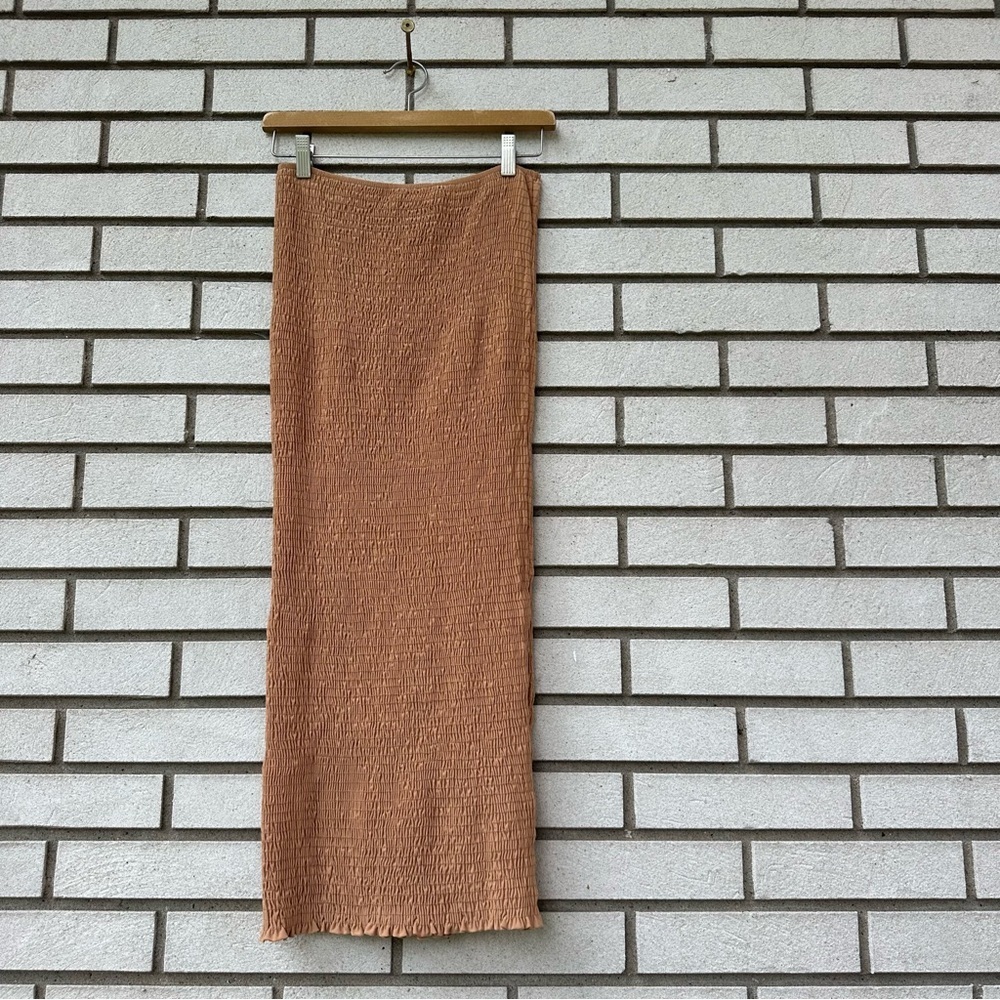 JLUXLABEL Smocked Strapless Bodycon Midi Tube Dress Tan Textured Ruched Stretch